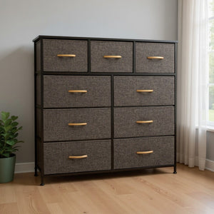 HomeRoots 39" Triple Dresser - Space-Saving Nine Drawer Storage Solution with Durable Steel & Fabric Design Brown 484699