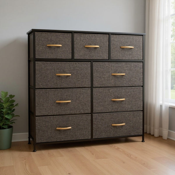 HomeRoots 39" Triple Dresser - Space-Saving Nine Drawer Storage Solution with Durable Steel & Fabric Design Brown 484699