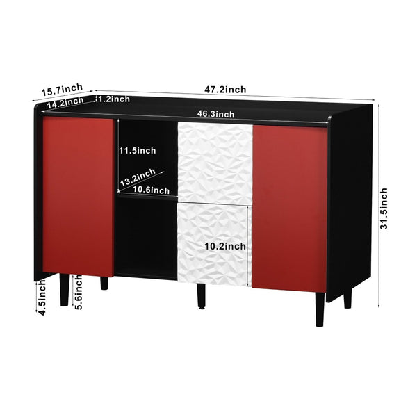 English Elm Sideboard Buffet Cabinet - Modern Black & Red Storage Solution With Drawers & Open Shelves For Style W409P176598-GIGA