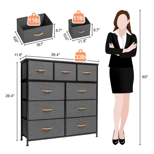 Homeroots 39" Gray And White Steel And Fabric Nine Drawer Triple Dresser  Steel And Fabric 484700