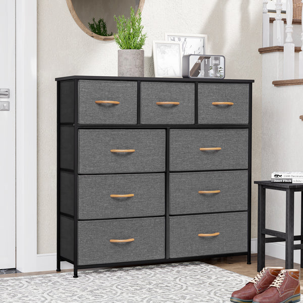 Homeroots 39" Gray And White Steel And Fabric Nine Drawer Triple Dresser  Steel And Fabric 484700