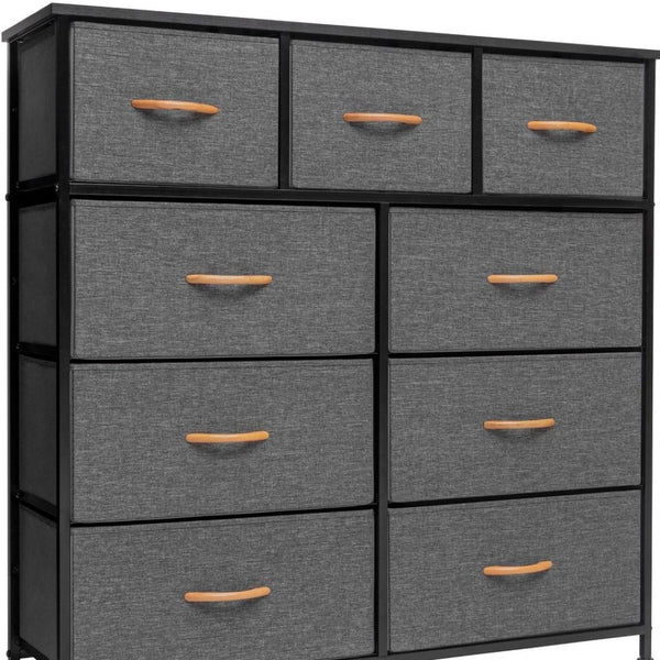 HomeRoots 39" Triple Dresser - Space-Saving Nine Drawer Storage Solution with Durable Steel & Fabric Design Gray, White 484700