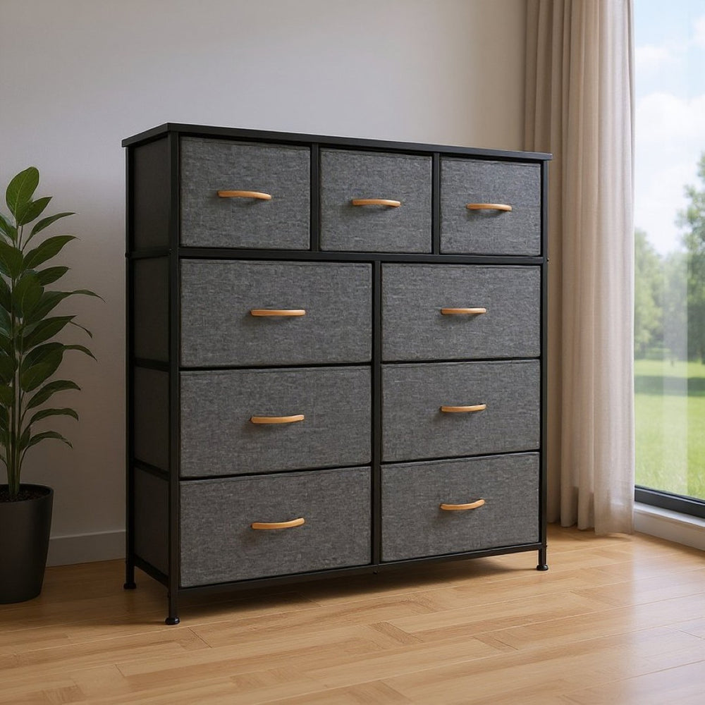 HomeRoots 39" Triple Dresser - Space-Saving Nine Drawer Storage Solution with Durable Steel & Fabric Design Gray, White 484700