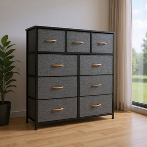 HomeRoots 39" Triple Dresser - Space-Saving Nine Drawer Storage Solution with Durable Steel & Fabric Design Gray, White 484700