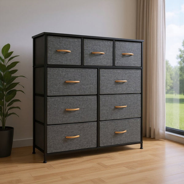 HomeRoots 39" Triple Dresser - Space-Saving Nine Drawer Storage Solution with Durable Steel & Fabric Design Gray, White 484700