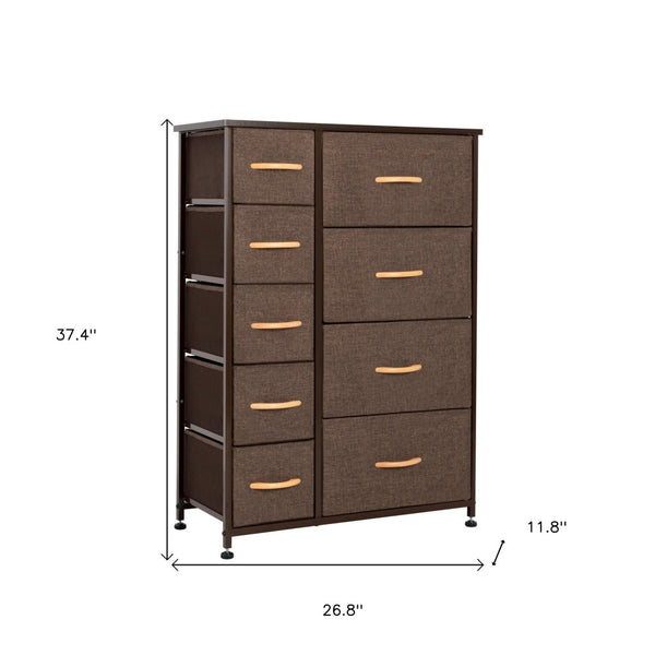 HomeRoots 27" Steel and Fabric Nine Drawer Combo Dresser for Smart Space-Saving Storage in Modern Decor Brown 484701