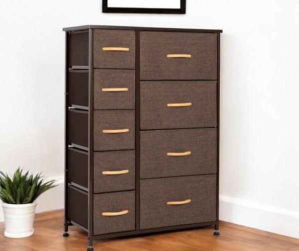 HomeRoots 27" Steel and Fabric Nine Drawer Combo Dresser for Smart Space-Saving Storage in Modern Decor Brown 484701