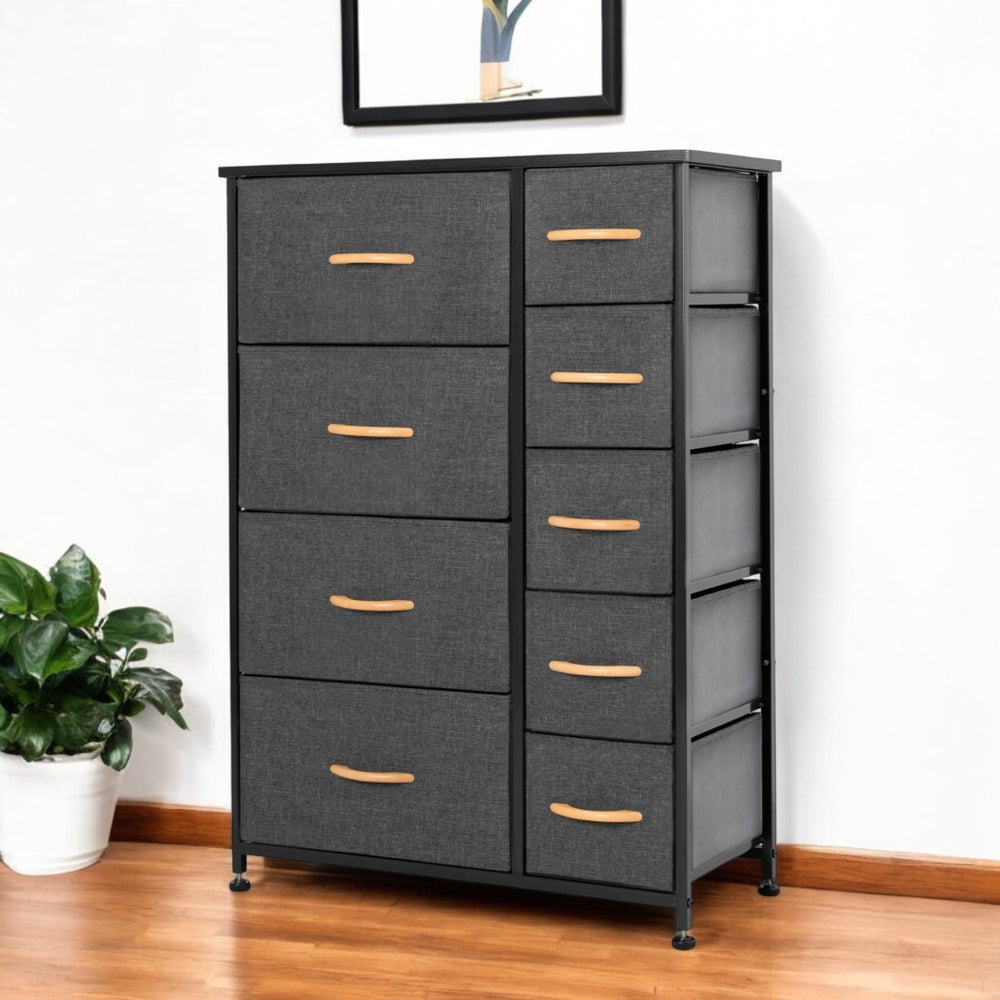 HomeRoots 27" Steel and Fabric Nine Drawer Combo Dresser for Smart Space-Saving Storage in Modern Decor Gray, Black 484702