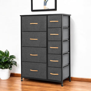 HomeRoots 27" Steel and Fabric Nine Drawer Combo Dresser for Smart Space-Saving Storage in Modern Decor Gray, Black 484702