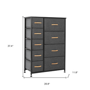 HomeRoots 27" Steel and Fabric Nine Drawer Combo Dresser for Smart Space-Saving Storage in Modern Decor Gray, Black 484702