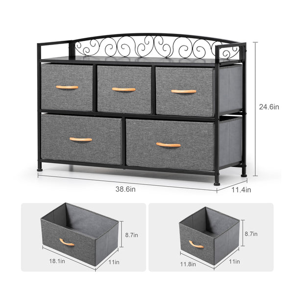 Homeroots 39" Gray And Black Steel And Fabric Five Drawer Combo Dresser  Steel And Fabric 484703