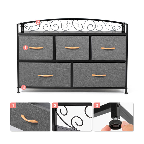 Homeroots 39" Gray And Black Steel And Fabric Five Drawer Combo Dresser  Steel And Fabric 484703