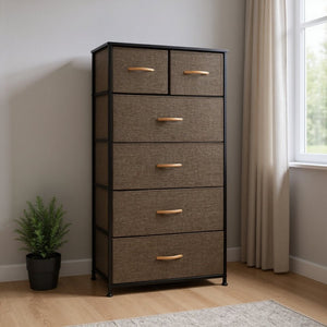 HomeRoots 23" Steel and Fabric Six Drawer Combo Dresser - Stylish Storage Solution for Small Spaces and More Brown 484710