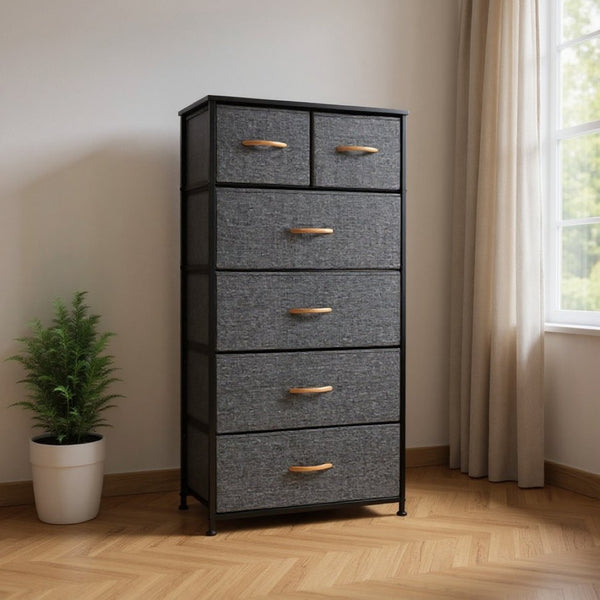 HomeRoots 23" Steel and Fabric Six Drawer Combo Dresser - Stylish Storage Solution for Small Spaces and More Gray, Black 484711