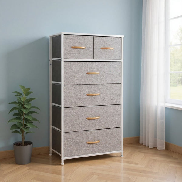 HomeRoots 23" Steel and Fabric Six Drawer Combo Dresser - Stylish Storage Solution for Small Spaces and More Gray, White 484712
