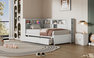 English Elm Twin Daybed with Built-In Shelves, USB Port & Trundle — Solid Pine Frame, Sturdy Storage and Smooth Wheels for Space-Saving Sleep Solutions White GX000467AAK