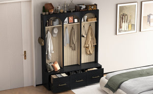 English Elm Farmhouse Hall Tree with Arched Panels Bench Drawers and Hooks for Mudroom Entryway Black W5271S00005