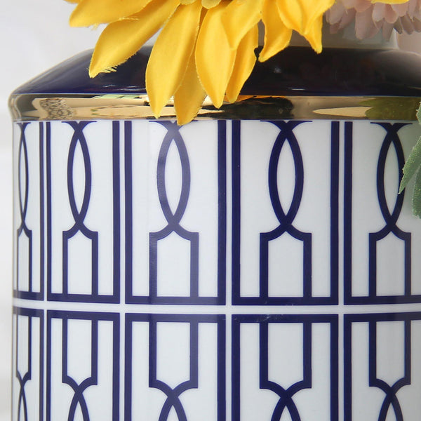 English Elm Elegant White Ceramic Ginger Jar With Blue Geometric Pattern - Versatile Home Decor Accent Piece B030P308553