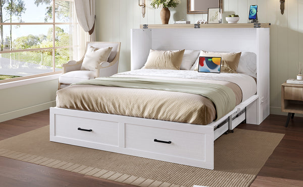 English Elm Murphy Full-Size Cabinet Bed with Built-In Charging Station, Storage Drawer & 700lb Capacity Comfort White 57.25 L x 27 W x 6 H N733S293997W