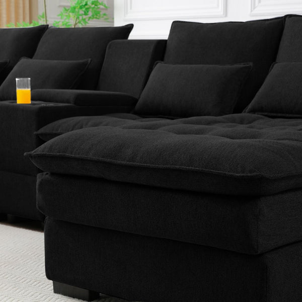 English Elm 130" U-shaped Sectional Sofa Six Seat Linen Upholstered with Built-in Console and Chaise Black W1117S00270