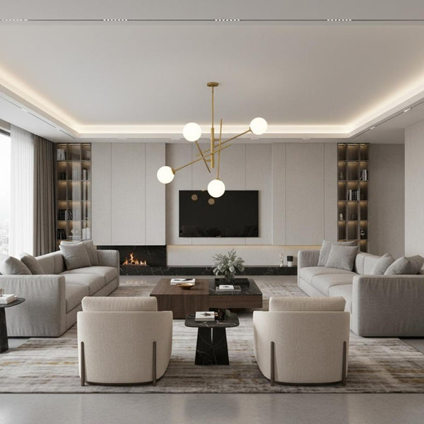 Brass Four Light Dimmable Chandelier with White Shades for Elegant Dining Rooms