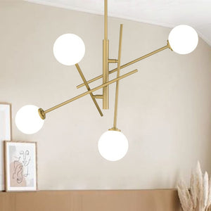 Brass Four Light Dimmable Chandelier with White Shades for Elegant Dining Rooms