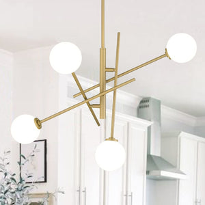 Brass Four Light Dimmable Chandelier with White Shades for Elegant Dining Rooms