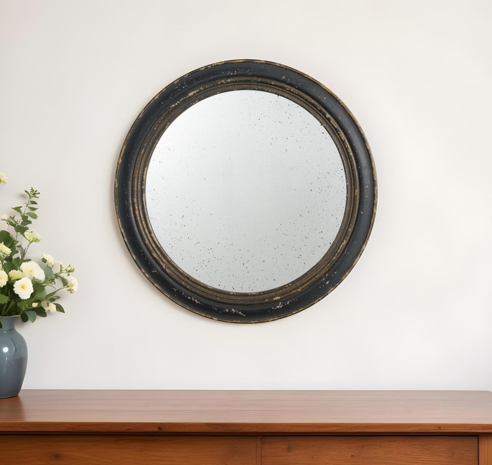 Homeroots 24" Dark Brown Distressed Wood Round Framed Accent Mirror  80% Mdf,20% Mirror 484986