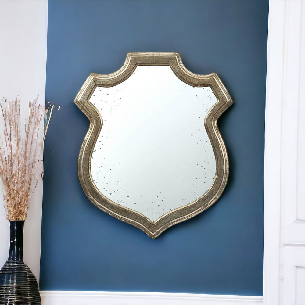 Homeroots 24" Distressed Metallic Crest Shape Wall Mounted Accent Mirror Framed  Mdf 484987