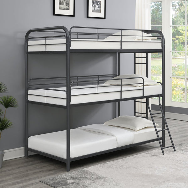 English Elm Furniture Triple Bunk Bed Black - Heavy Duty Steel Twin/Twin/Twin, Quiet Sturdy Frame, Safe Stairs W2297S00012