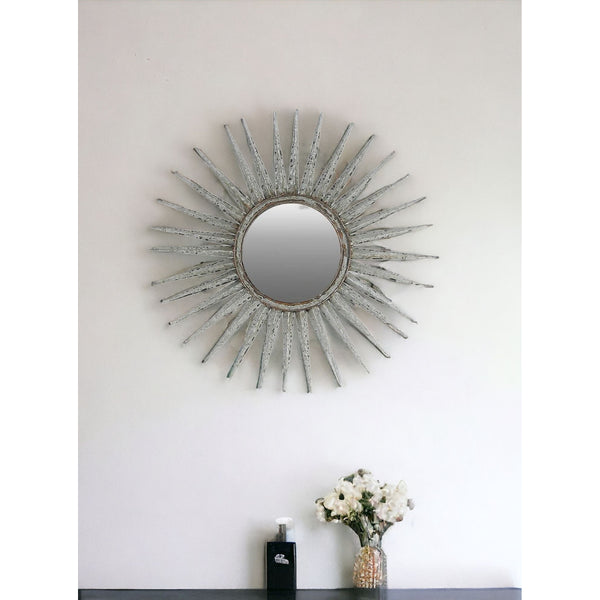 Homeroots 30" Antiqued Silver Gray Sunburst Wall Mounted Accent Mirror  Metal 484988