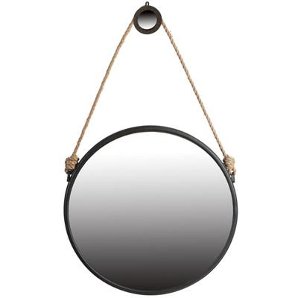 Homeroots 30" Black Fame Round Wall Hanging Accent Mirror With Rope  Glass 484991