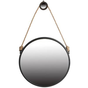 Homeroots 30" Black Fame Round Wall Hanging Accent Mirror With Rope  Glass 484991