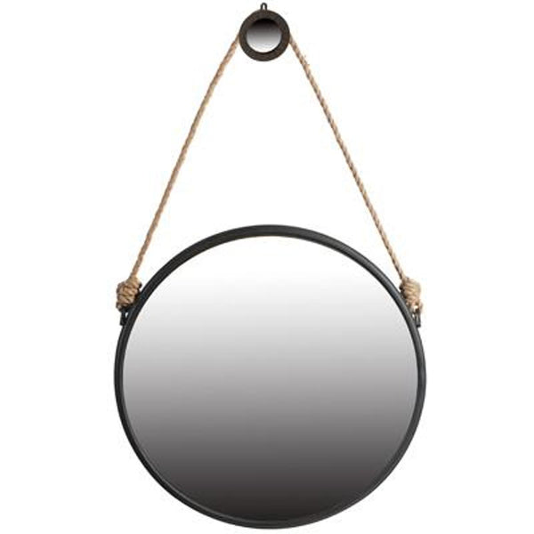 Homeroots 30" Black Fame Round Wall Hanging Accent Mirror With Rope  Glass 484991