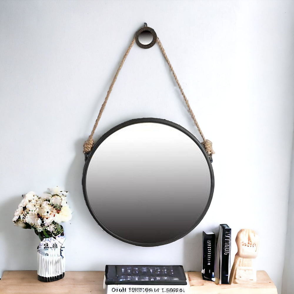 Homeroots 30" Black Fame Round Wall Hanging Accent Mirror With Rope  Glass 484991