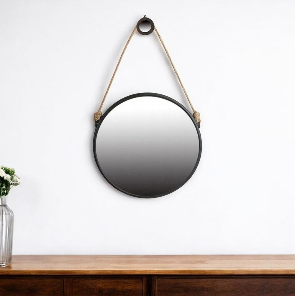 HomeRoots 30" Black Frame Round Wall Mirror with Rope Hanger - Modern Accent for Home, Office & Entryway Decor 484991