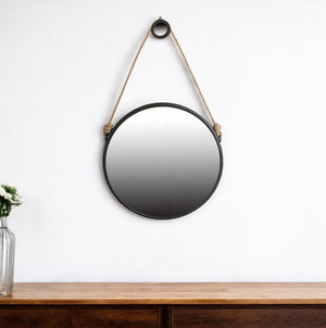 HomeRoots 30" Black Frame Round Wall Mirror with Rope Hanger - Modern Accent for Home, Office & Entryway Decor 484991