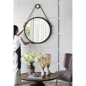 Homeroots 30" Black Fame Round Wall Hanging Accent Mirror With Rope  Glass 484991