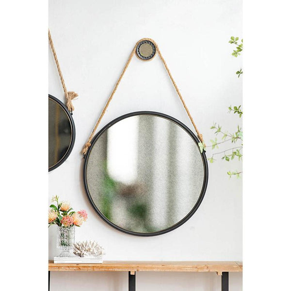 Homeroots 30" Black Fame Round Wall Hanging Accent Mirror With Rope  Glass 484991