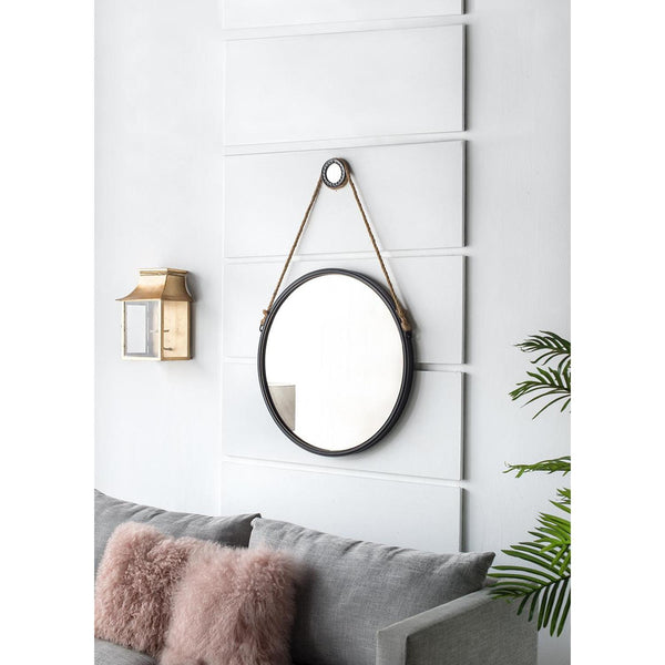 Homeroots 30" Black Fame Round Wall Hanging Accent Mirror With Rope  Glass 484991