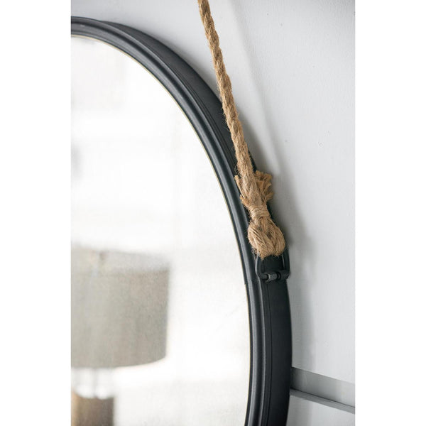 Homeroots 30" Black Fame Round Wall Hanging Accent Mirror With Rope  Glass 484991