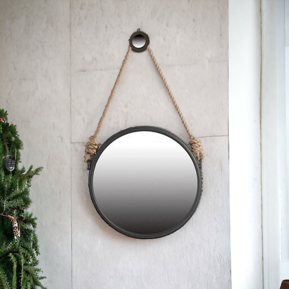 Homeroots Black And Silver Round Accent Metal Mirror  Glass 484992