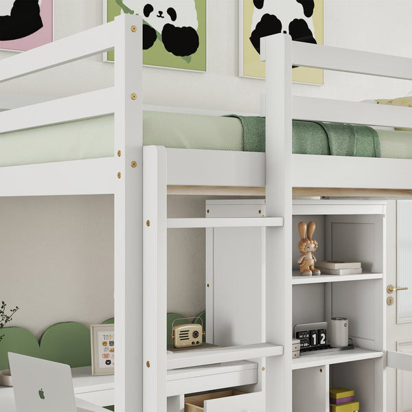 English Elm Full Size Loft Bed With Integrated Desk, Storage Shelves, Drawers & Safe Ladder - Stylish & Space-Saving W504S00161