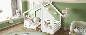English Elm Twin House Bed Low Profile Pine Wood Frame with Shelf Montessori Kids Floor Sleeping White W5305P429642