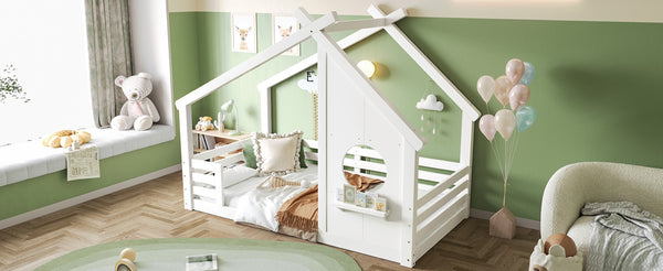 English Elm Twin House Bed Low Profile Pine Wood Frame with Shelf Montessori Kids Floor Sleeping White W5305P429642