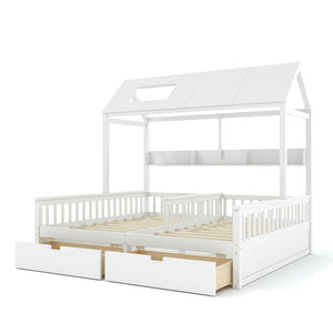 English Elm Double Twin House Bed Pine Wood Frame Kids Playhouse Bunk with Storage Drawers White W5305S00006
