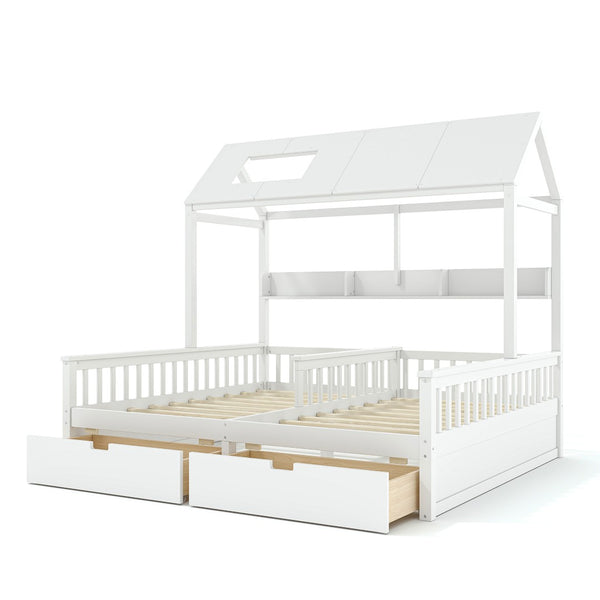English Elm Double Twin House Bed Pine Wood Frame Kids Playhouse Bunk with Storage Drawers White W5305S00006