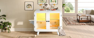 English Elm Cat Litter Box Enclosure Mdf Cabinet with Rgb Lighting Glass Doors and Play Loft White N704P419240K