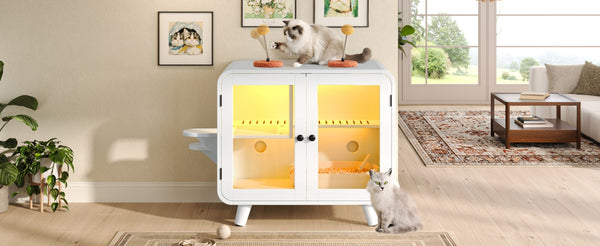 English Elm Cat Litter Box Enclosure Mdf Cabinet with Rgb Lighting Glass Doors and Play Loft White N704P419240K