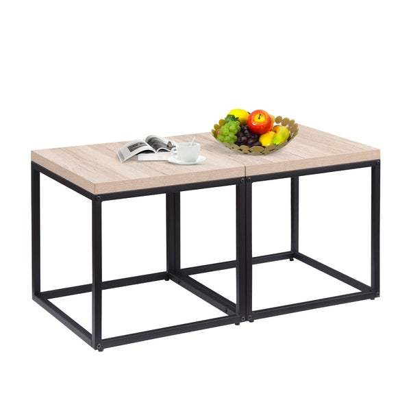 English Elm End Tables Set of 2 Two-tier Oak and Steel Cube Nightstands for Bedroom or Living Room W3151P345713